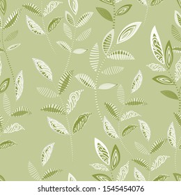 Seamless pattern. Randomly scattered leaves in olive colors.
Background for textile, paper, ceramics, wallpaper. Vector graphics.