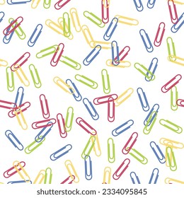 Seamless pattern with randomly scattered paper clips. Stationery on a white background. Printing on packaging and textiles. Vector flat illustration. Stationery for organizing and storing documents.