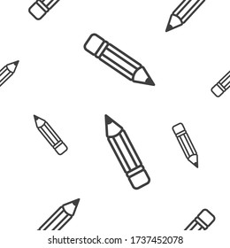 Patrón sin foco con lápices dispersos al azar de diferentes tamaños. Imagen lineal minimalista sobre un fondo blanco. Vector.