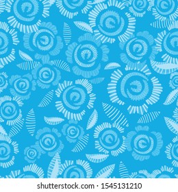 Seamless pattern. Randomly scattered roses, drawn by lines with dots and spots, in blue colors.
 Background for printing on textiles, paper, ceramics. vector images.