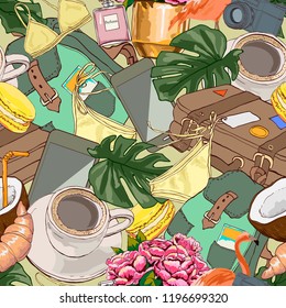 Seamless pattern with randomly scattered things. Concept travel. Hand drawn vector illustration. Template for textile print and wrapping paper.