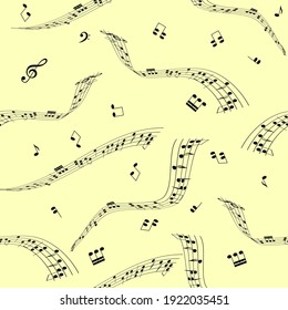 Seamless pattern of randomly sequenced music notes and symbols isolated on bej background. Vector illustration.