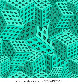 Seamless pattern of randomly spaced architectural modules made of concrete. Background, wallpaper, texture with elements of optical illusion. Vector illustration