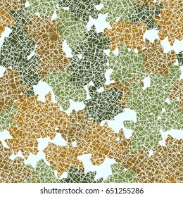 Seamless pattern. Randomly spaced colored spots. A chaotic mesh in the foreground. Fashionable camouflage. Pale blue, green-khaki, brown tones.