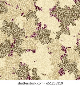 Seamless pattern. Randomly spaced colored spots. A chaotic mesh in the foreground. Fashionable camouflage. Beige, khaki, red-brown.
