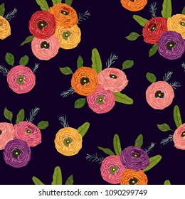 Seamless pattern with ranunculus flowers and branches of rosemary. Decorative holiday floral background. Vintage vector illustration in watercolor style