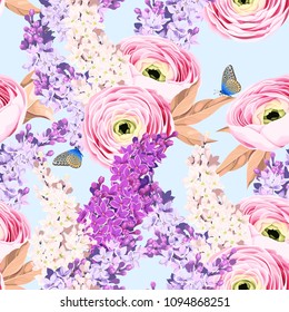 Seamless pattern with ranunculus and lilac