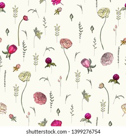 Seamless pattern with Ranunculuses flowers, buds, leaves and wildflowers on cream color background. Can be used for textile, decoration, greeting cards, announcements, posters and advertisements
