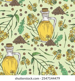 Seamless pattern with rapeseed: brassica napus plant, seeds, rapeseed flowers and bottle of rapeseed oil. Brassica napus. Vector hand drawn illustration