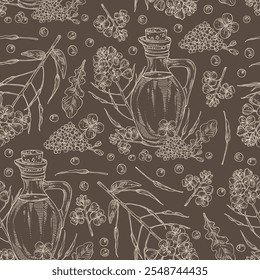 Seamless pattern with rapeseed: brassica napus plant, seeds, rapeseed flowers and bottle of rapeseed oil. Brassica napus. Vector hand drawn illustration