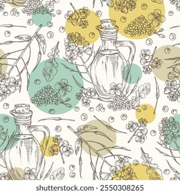 Seamless pattern with rapeseed: brassica napus plant, seeds, rapeseed flowers and bottle of rapeseed oil. Brassica napus. Vector hand drawn illustration