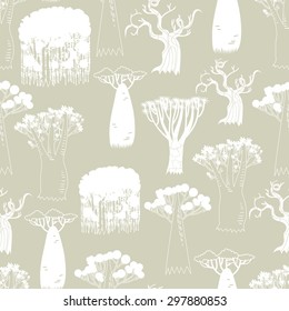 Seamless pattern of rare trees in vector (Wisteria, Dragon tree, Baobab, Adenium Obesum, Ranbow Eucalyptus, Bristlecone pine, Ficus, Quiver tree).