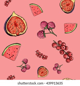 Seamless pattern with raspberies, watermelons, currant and figs