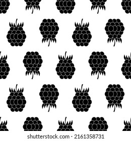 Seamless pattern with raspberries. Black sign wild berries on white background. Blackberry icon flat. Summer background with berries. Design for print on wrapping paper, packaging. Vector illustration