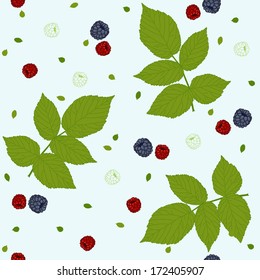 Seamless pattern with raspberries, blackberries and green leaves on a white field. Traditional colors. Plain shadeless background with blackberry or raspberry leaves for decoration.
