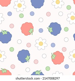 Seamless pattern of raspberries, blackberries, white flowers and green, white, pink and purple dots.