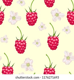 Seamless pattern of raspberries in bloom, autumn fruit pattern. Vector Illustration on yellow background.