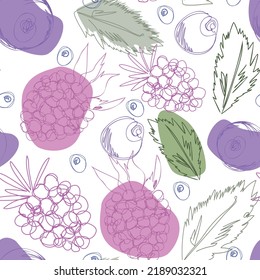 Seamless pattern of raspberries, blueberries and leaves. Vector, abstract background of berries. Hand drawn