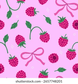 Seamless pattern with raspberries and bows on a pink background. Vector graphics.