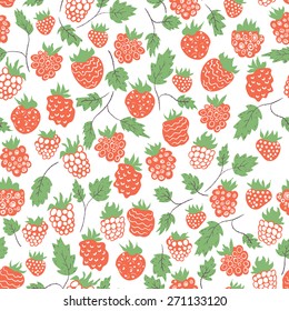 Seamless pattern with raspberries in cartoon style. Hand drawn design for Thank you card, Greeting card or Invitation or fabric. Vector illustration.