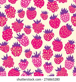 Seamless pattern with raspberries in cartoon style. Hand drawn design for Thank you card, Greeting card or Invitation or fabric. Vector illustration.