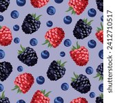 Seamless pattern with raspberries and currants. Fresh berries with purple backround. 