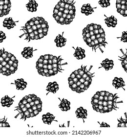 Seamless pattern with raspberries in a graphic style on a white background.