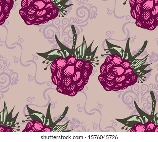 Seamless pattern with raspberries. Hand drawing decorative background. Vector pattern. Print for textile, cloth, wallpaper, scrapbooking