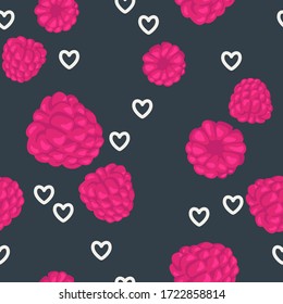 Seamless pattern with raspberries and hearts. Indigo and pink background. Beautiful vector seamless pattern with fresh raspberries