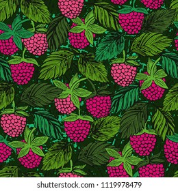 Seamless pattern with raspberries Ink hand drawn berries colored vector ornament