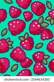 Seamless pattern with raspberries and leaves on neon-green background.