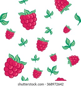 seamless pattern raspberries and leaves on a white background