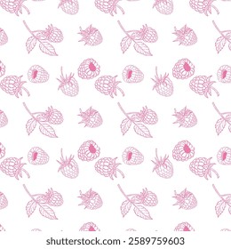 Seamless pattern with raspberries line art style. Great for packaging design and wallpapers. 