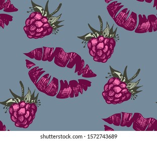 Seamless pattern with raspberries and lipstick. Hand drawing decorative background. Vector pattern. Print for textile, cloth, wallpaper, scrapbooking