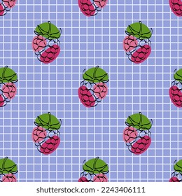 Patrón sin foco con frambuesas sobre fondo azul. Frambuesas continuas de dibujo de una línea. Arte de línea negra sobre fondo azul con puntos coloridos. Concepto vegan