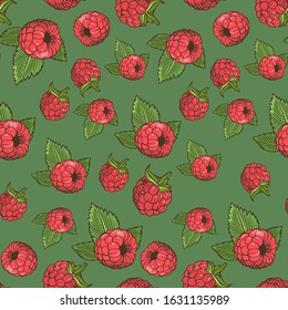 Seamless pattern with raspberries on a green background in vintage style