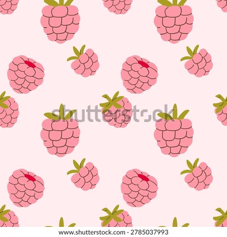 Seamless pattern with raspberries on pink background. Perfect for summer textiles, dessert packaging, gift wrap, cafe branding and feminine stationery. Vector illustration