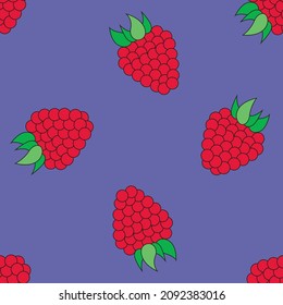 Nahtloses Muster mit Himbeeren auf sehr peri Hintergrund. Purple Farbe des Jahres 2022 Sehr Peri.