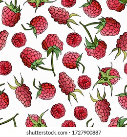 Patrón sin foco de frambuesas sobre un fondo blanco aislado. Estilo de caricatura. Ilustración bursátil. Diseño de papel pintado, tela, textil, embalaje.