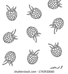 Seamless pattern of raspberries on a white background. Beautiful black and white vector pattern of raspberries. Background of berries for print, textile, menu.