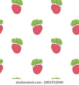 Seamless pattern with raspberries on white background. Continuous one line drawing raspberries. Black line art on white background with colorful spots. Vegan concept