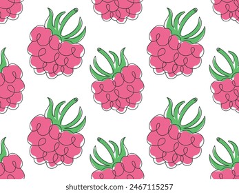 Seamless pattern with raspberries in one line. Vector illustration of berries in a continuous line for textile, wrapping paper, wallpaper, eps 10