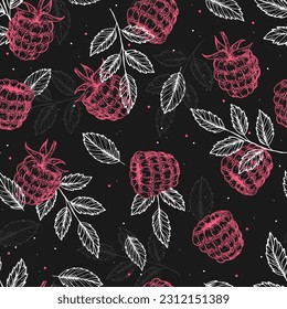 Seamless pattern with raspberries and raspberry leaves. Hand drawn sketch. Black and white style illustration. Vector illustration.