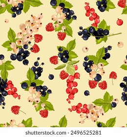 Seamless pattern of raspberries, red currant, black currant and white currant on a beige background. Vector illustration for the design of menus, recipes, textile and food packages.