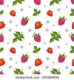 Patrón sin foco con frambuesas, fresas y hojas. Impresión de bayas de verano o primavera con estrellas. Luminosa decoración festiva para textiles, papel de embalaje y diseño