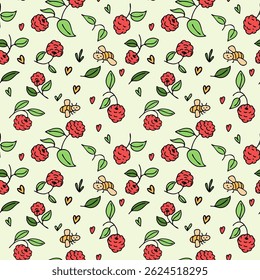 Seamless pattern with raspberry and bees