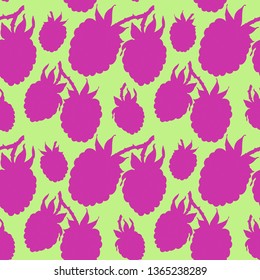 Seamless pattern with raspberry berries. Bright pink silhouettes of berries ha homogeneous green background. For design and decoration fabric, paper, Wallpaper, packaging.