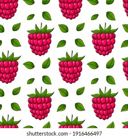 Seamless pattern with raspberry berries and leaves. Bright, red, juicy, summery, fruity pattern. Colored elements with a stroke, in a linear style are isolated. For clothing design and food packaging