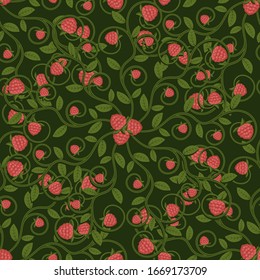 Seamless pattern of raspberry berry with leaves and stems on a dark green background. Vector image eps 10