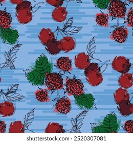 Seamless Pattern with raspberry and cherry. Color sketch style hand drawn background. Detailed illustration, hand drawn. Great for fabric and textile, prints, invitation, packaging